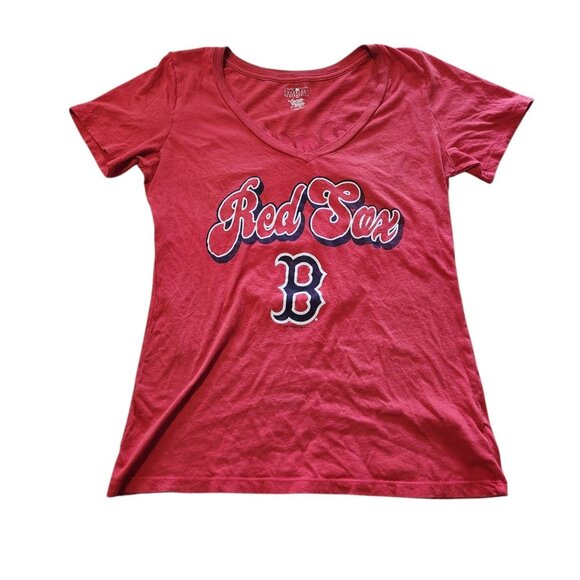 Boston Red Sox T-Shirt Double Sided Graphic Print V-Neck Womens Medium EUC - Picture 1 of 9